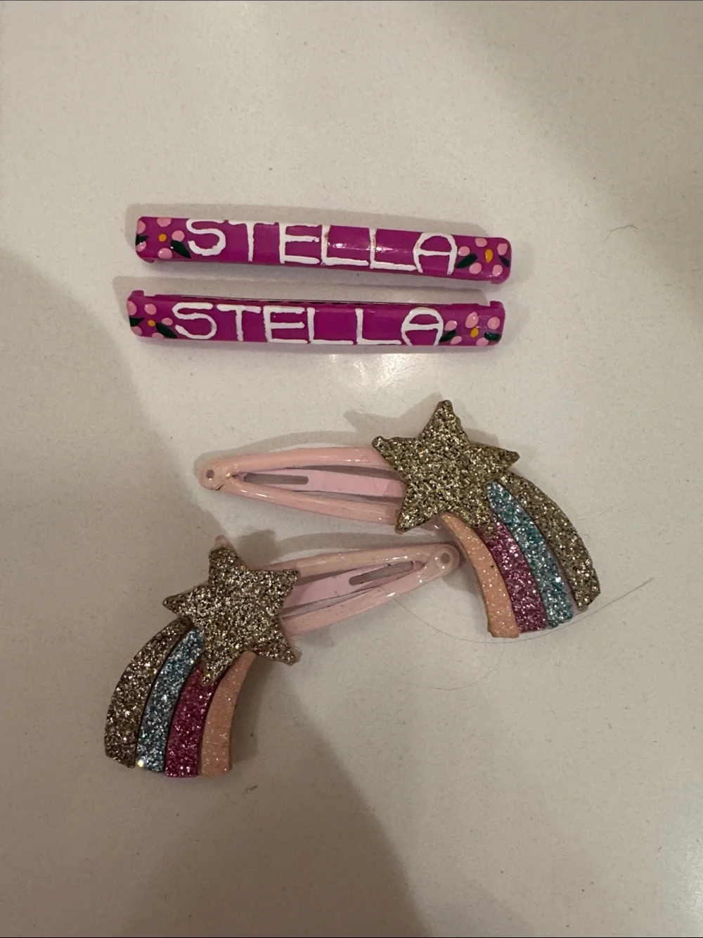 STELLA Pink Name Barrettes  & Glitter Rainbow Star Hair Barrettes set of both